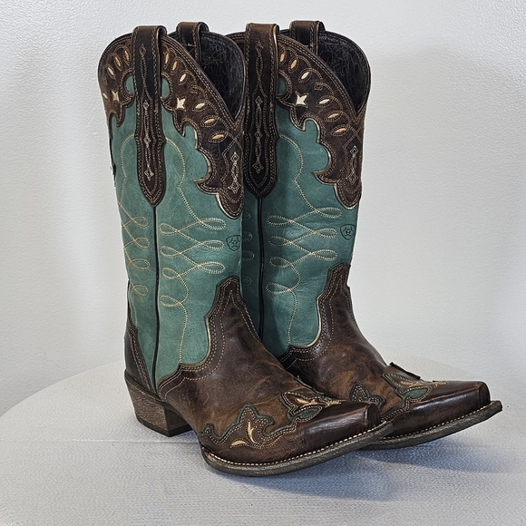 Women's Ariat Brown and Teal Western Cowboy Boots - Picture 3 of 9